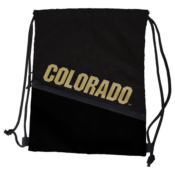 This is a black drawstring bag with black strings. Colorado is printed in gold bold block. Everything else on the bag is black. There's a small logobrands tag on the right side. font.